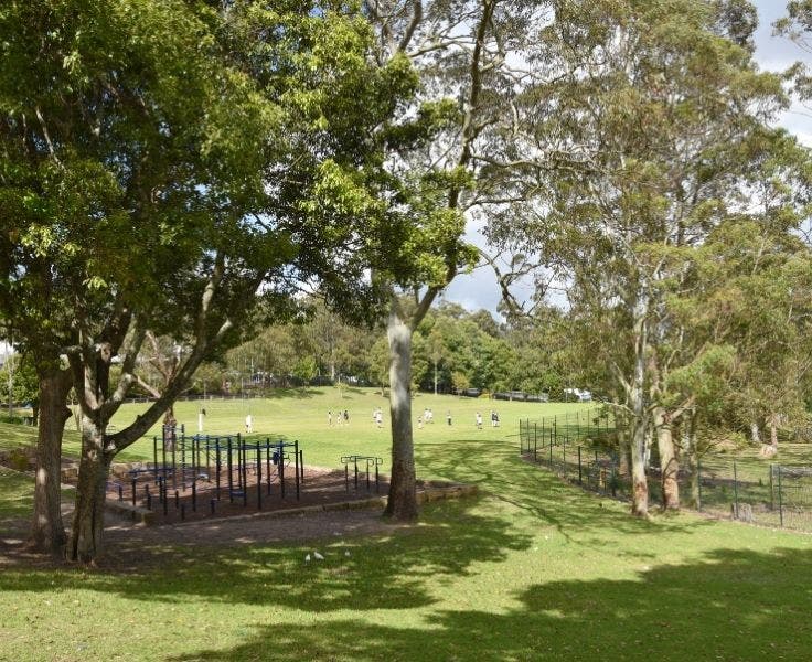 Outdoor gym equipment and students on oval in the distance